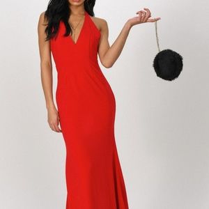 Long Red Halter Open Backless Dress Sexy Gown